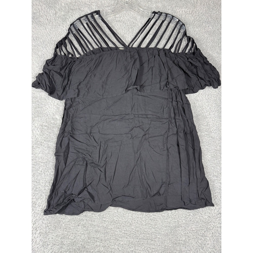 Entro Cold Shoulder Ruffle Top Womens Large Black NWT Strappy Cage Neck T7685